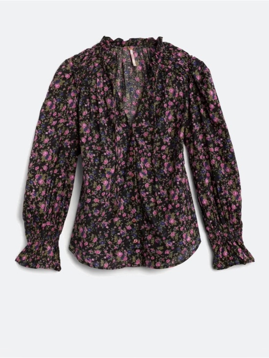 Free People Tops - Free People Black Floral Button-Front Blouse with Pink Roses